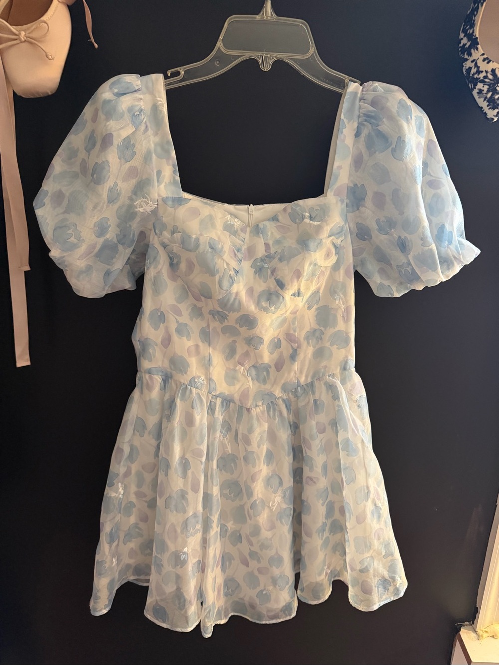 Light Blue Floral Puff-Sleeve Mini Dress